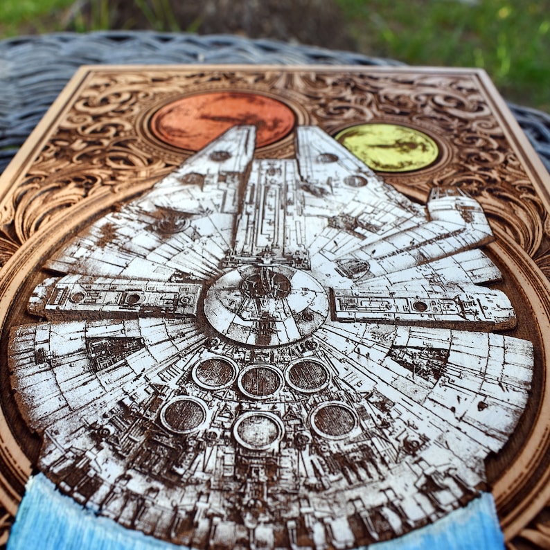 Intricate Wooden Art Panel Featuring Iconic Spaceship Design